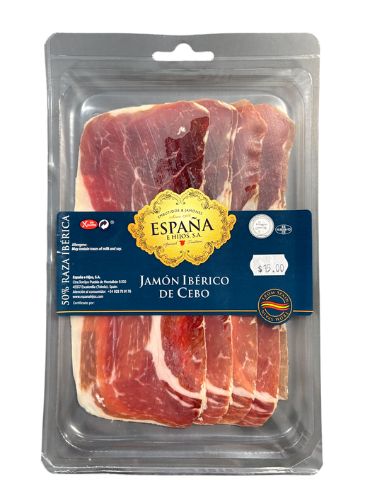 Espana e Hijos Jamon Iberico de Cebo 50% Raza Iberica Sliced 90g eqiv. $167.00 per kg
