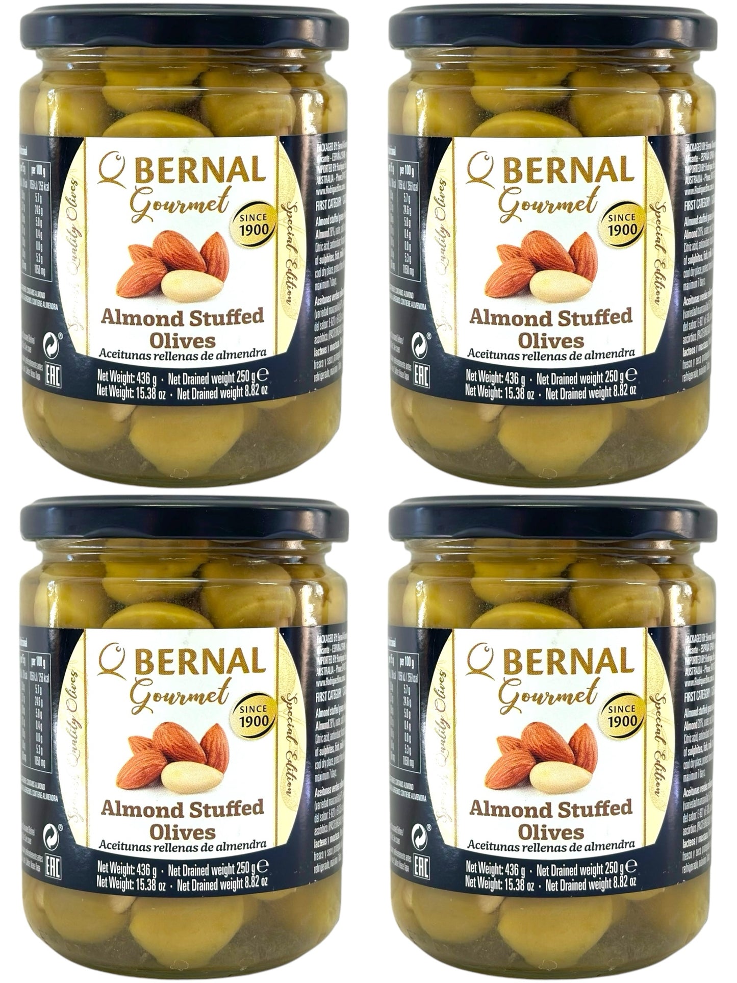 Bernal Gourmet Spanish Almond Stuffed Manzanilla Olives 4 pack 436g x4