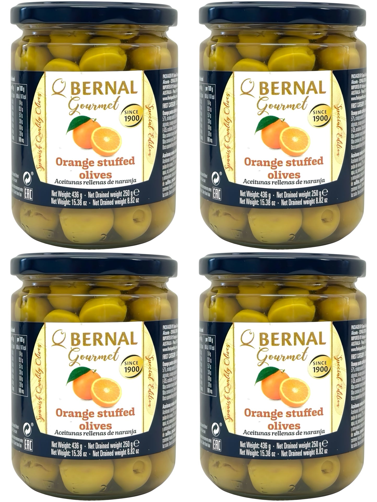 Bernal Gourmet Aceitunas Rellenas de Naranja Spanish Orange Stuffed Olives 4 pack 436g x4