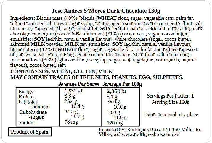 Jose Andres S'Mores Dark Chocolate 130g (Best Before 30-06-2027)