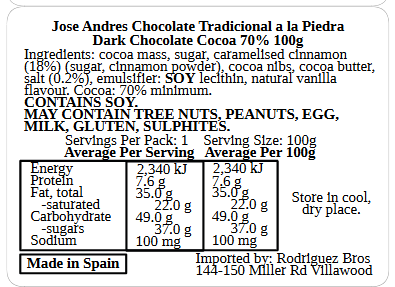 Jose Andres Chocolate Tradicional a la Piedra Dark Chocolate Cocoa 70% 100g (Best Before 30-06-2027)