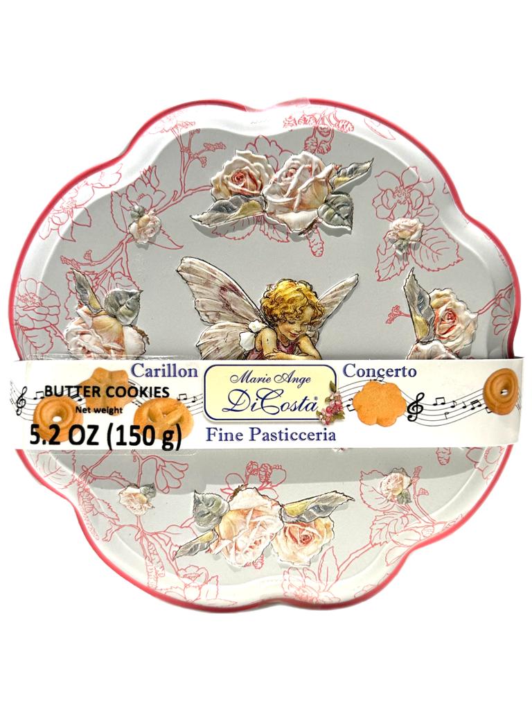 Marie Ange di Costa Italian Music Box Tin with Butter Biscuits—Scalloped in Pink 140g