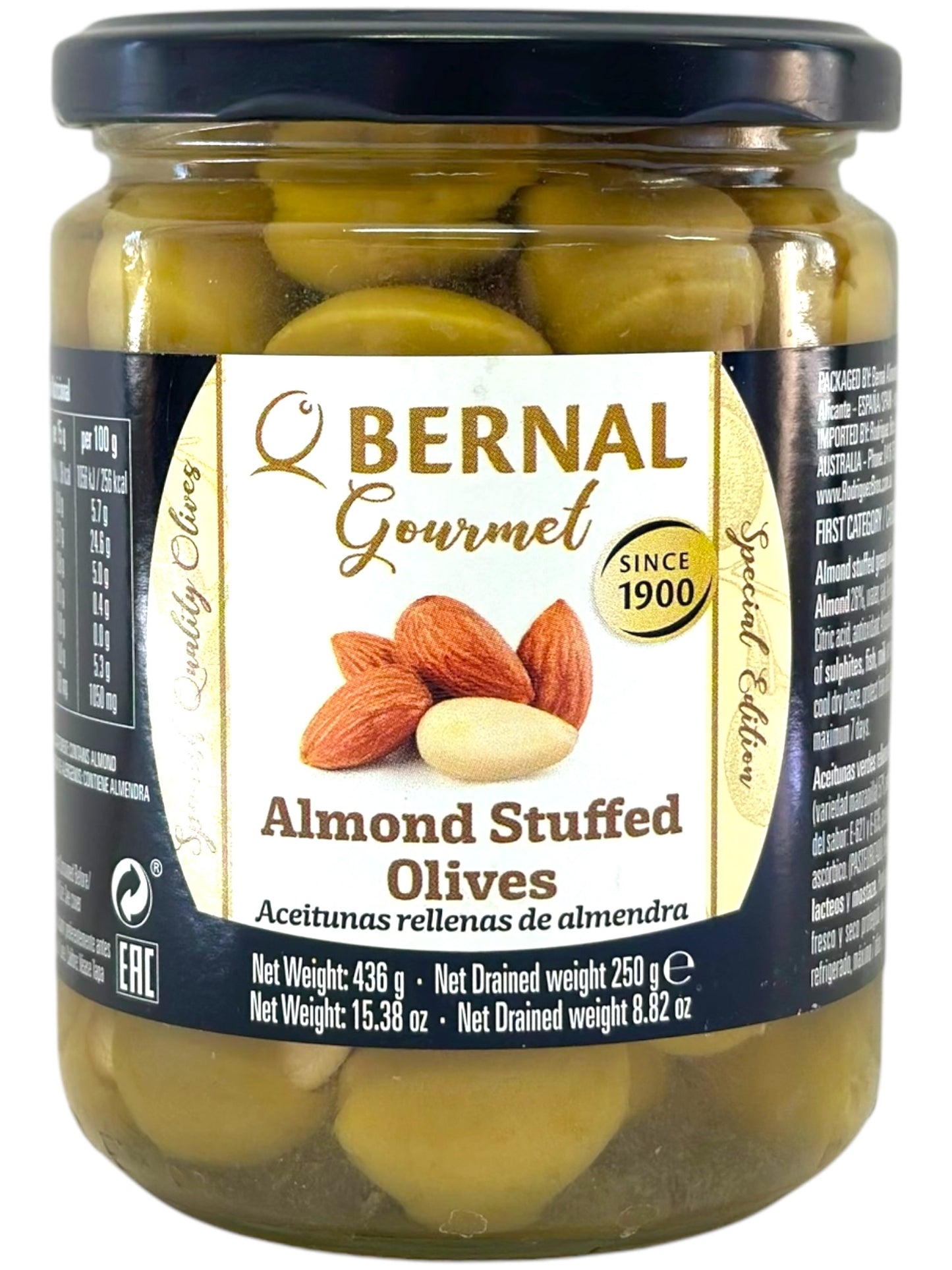 Bernal Gourmet Spanish Almond Stuffed Manzanilla Olives 4 pack 436g x4