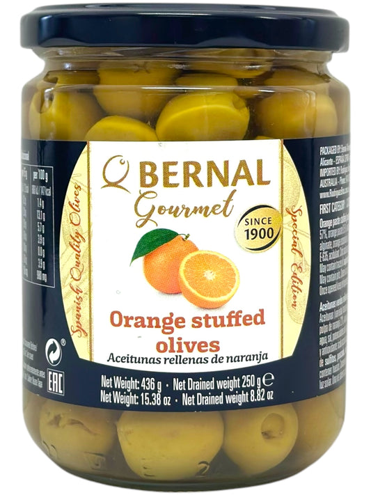 Bernal Gourmet Aceitunas Rellenas de Naranja Orange Stuffed Olives 436g