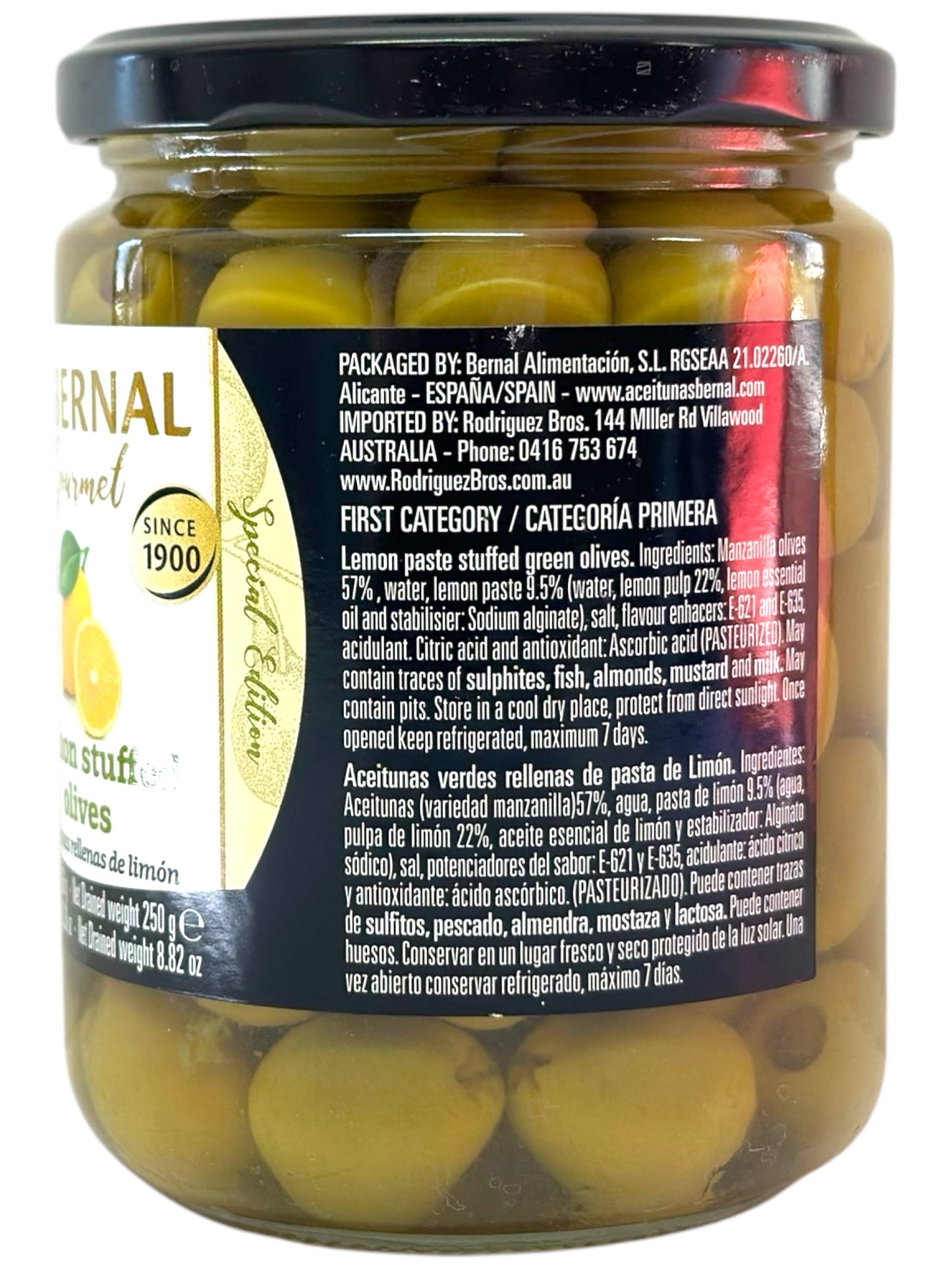 Bernal Gourmet Lemon Stuffed Manzanilla Olives 436g Gross 225g Drained