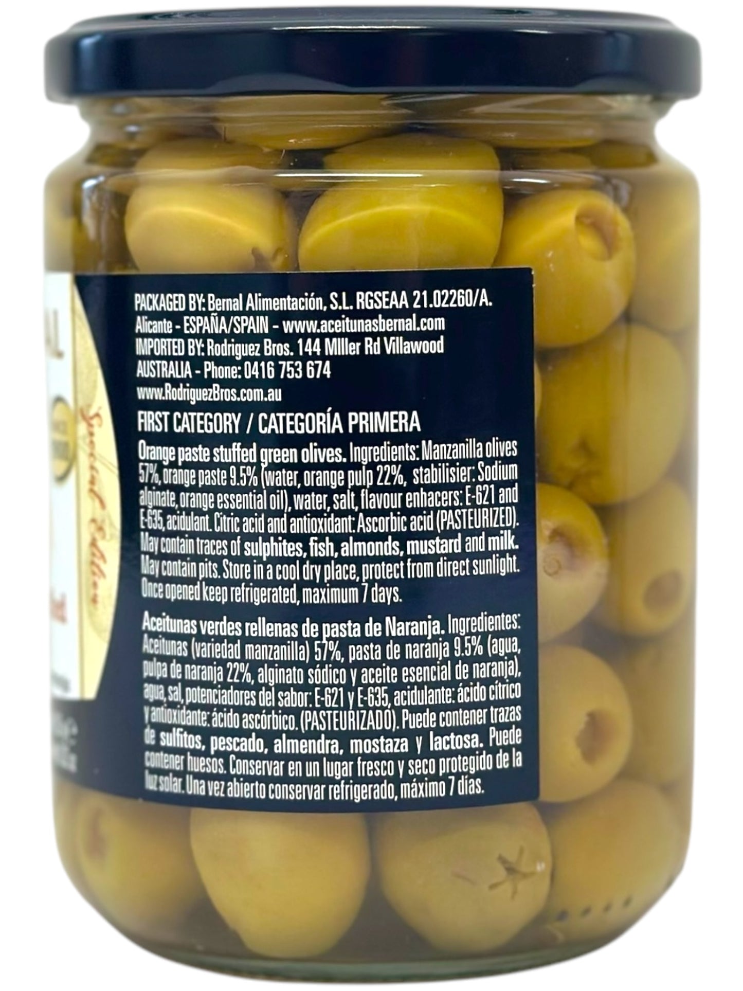 Bernal Gourmet Aceitunas Rellenas de Naranja Orange Stuffed Olives 436g