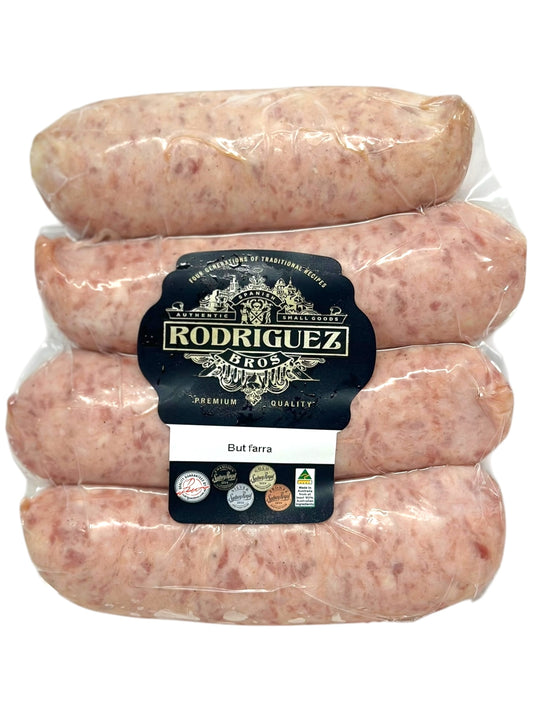 Butifarra Buttery Chorizo 4 piece pack random weight approx 480g packet. Regular price $10.00 AUD [You are guaranteed to receive at least 460g of product, equivalent price of $21.74 per kg.]