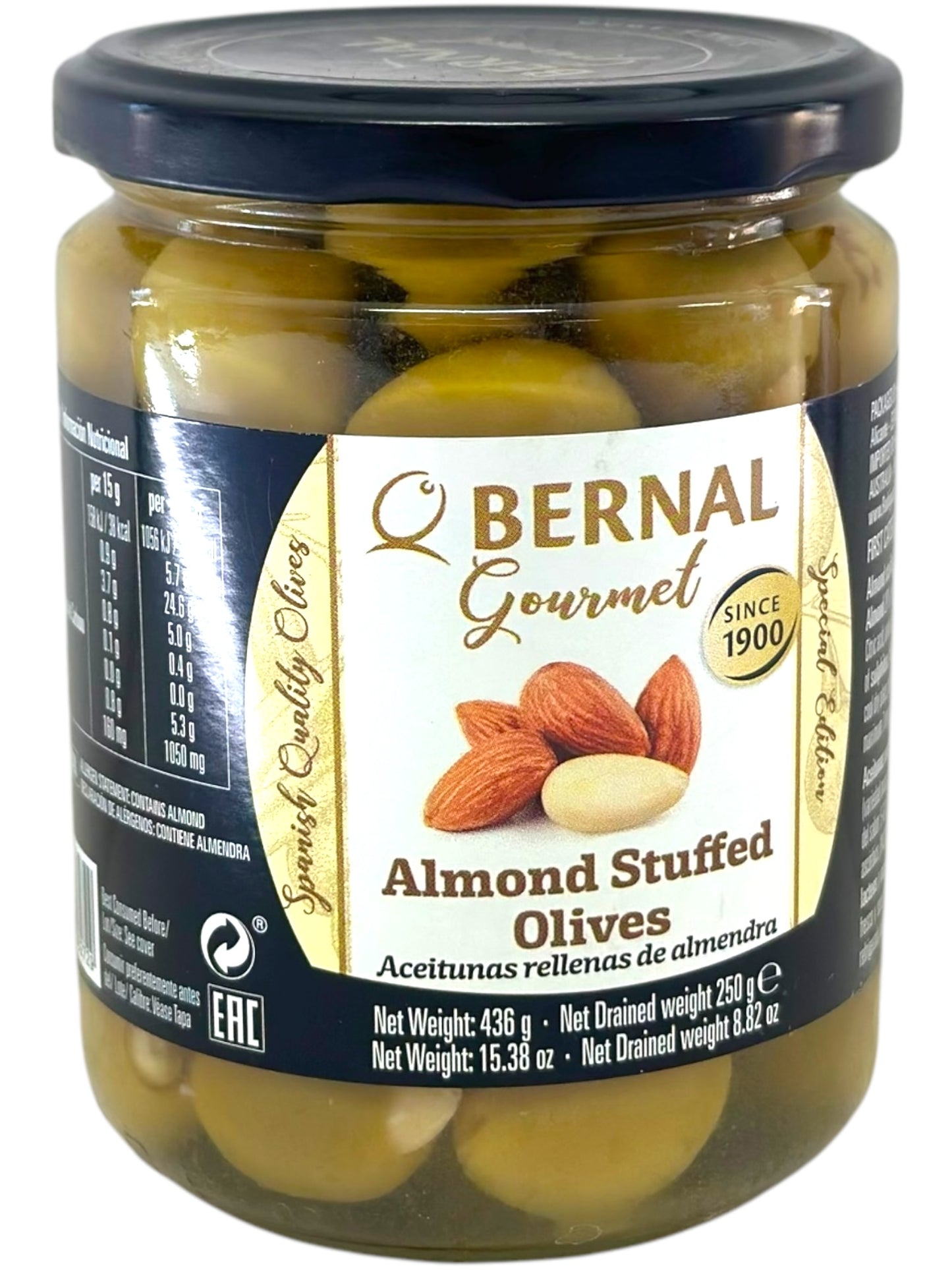 Bernal Gourmet Spanish Almond Stuffed Manzanilla Olives 4 pack 436g x4