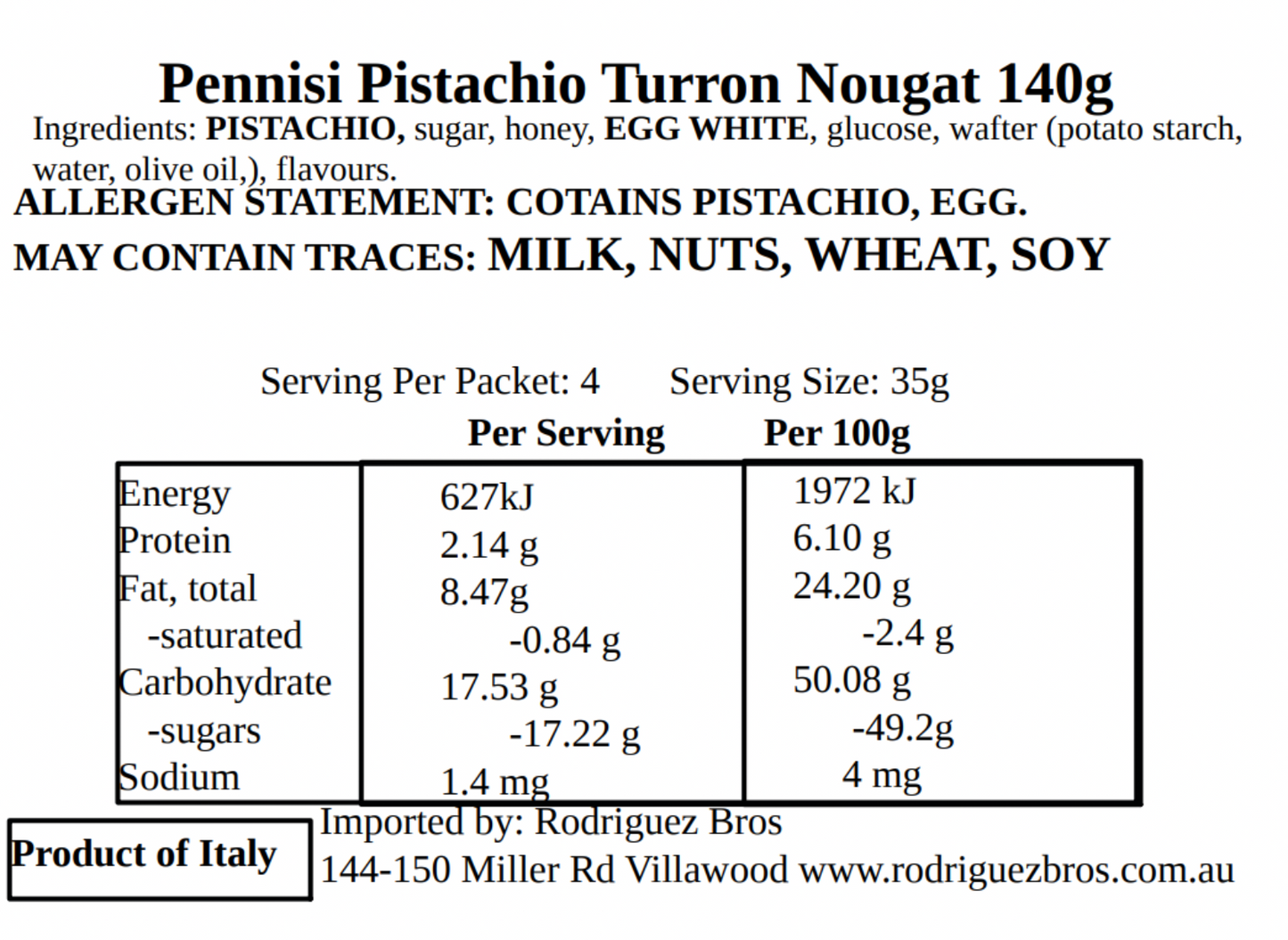 Pennisi Turrone Morbido Al Pistachio Soft Nougat With Pistachio 2 Pack 140g x2