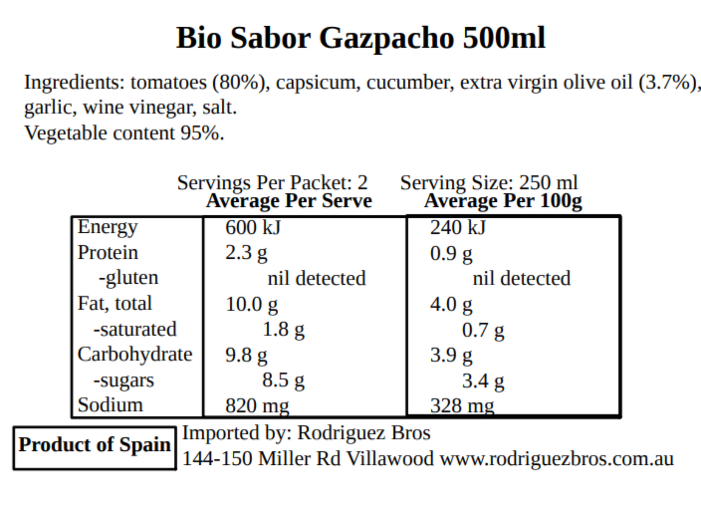 BioSabor Organic Vegan Spanish Gazpacho 500ml