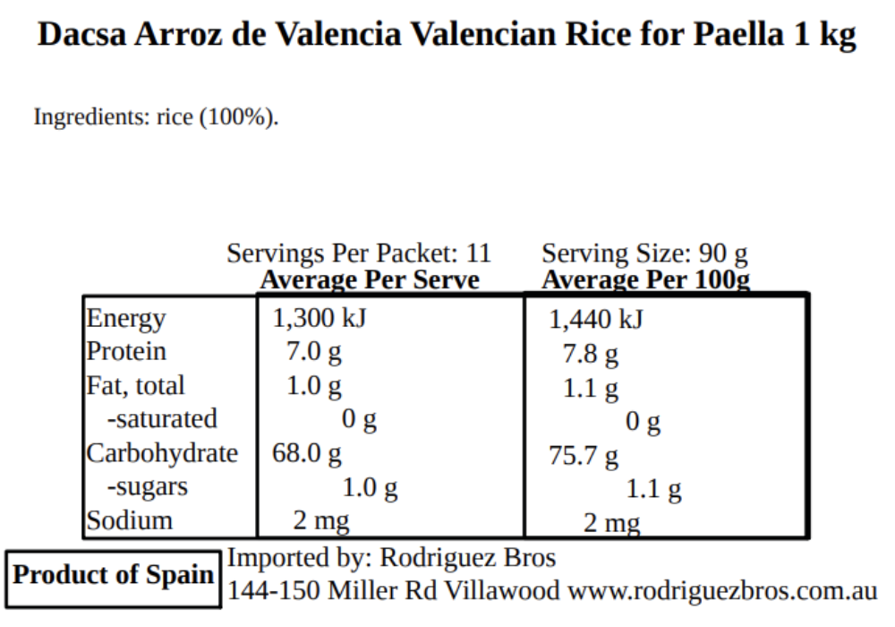 Dacsa Arroz de Valencia Valencian Rice for paella 1kg (Best Before 01-11-2025)