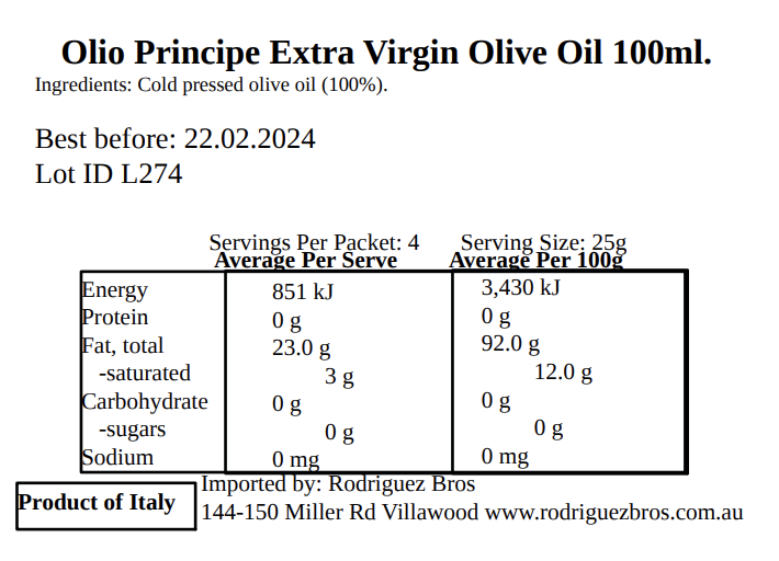 Olio Principe Sicilian Extra Virgin Olive Oil 100ml