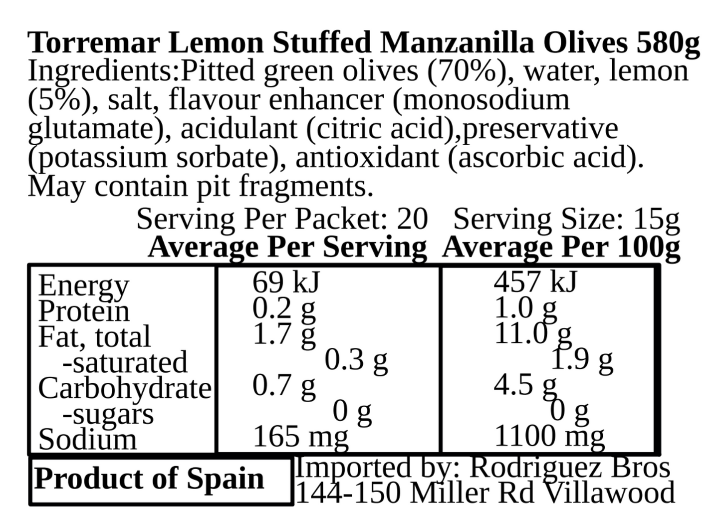 Torremar Spanish Lemon Stuffed Manzanilla Olives 580g Best Before April 2027