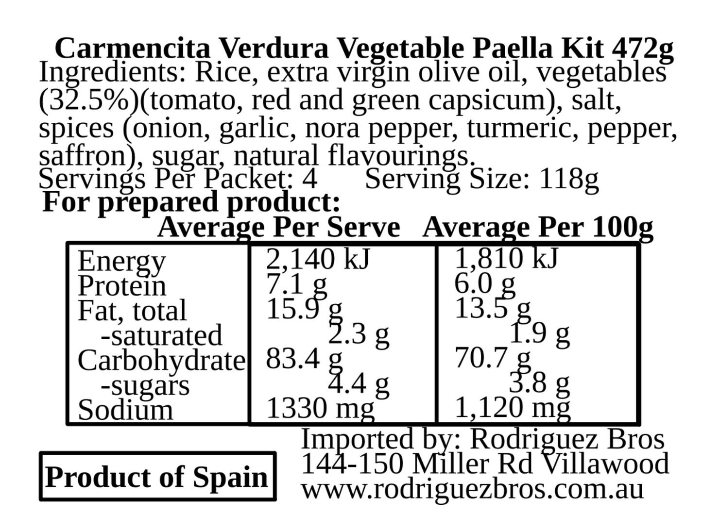 Carmencita Vegetable Paella Kit Paella Kit 472g Twin Pack 944g Total