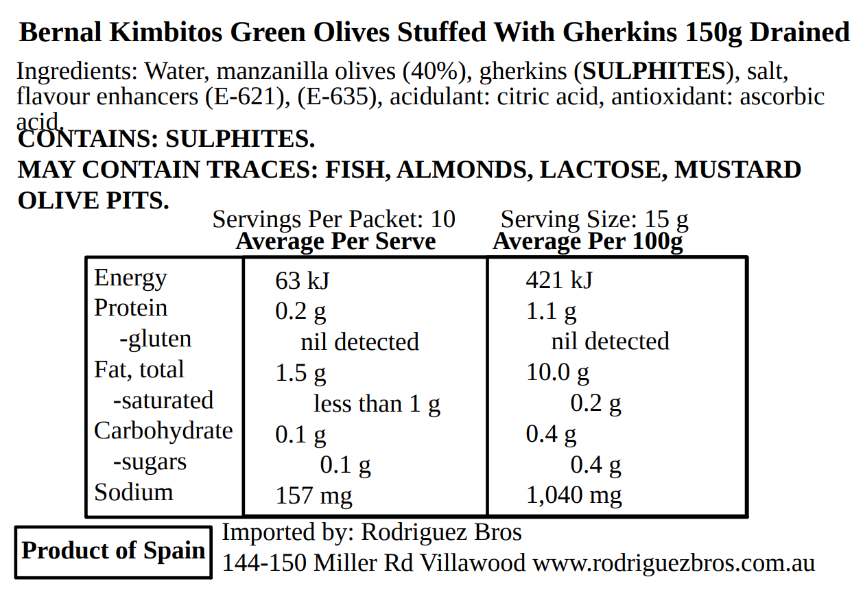 Bernal Especialidades Kimbitos Green Olives Stuffed With Gherkins 300g Best Before End of May 2027