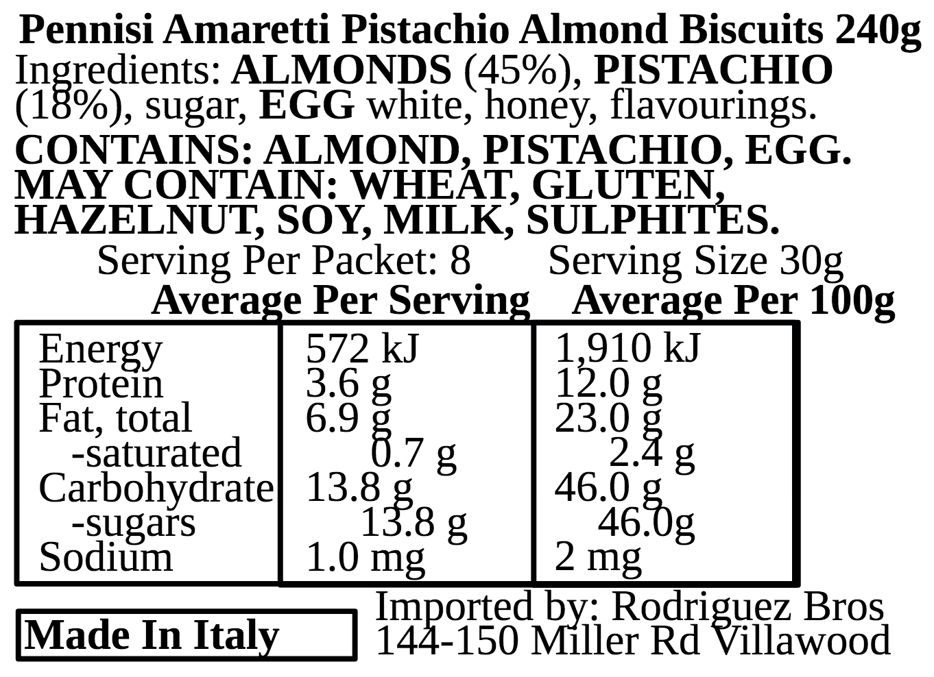 Pennisi Paste di Mandorla al Pistacchio Almond Pistachio Paste Biscuits 240g