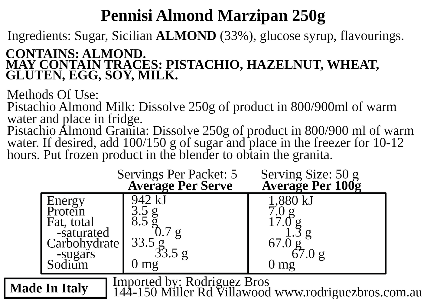 Pennisi Panetto Di Pasta Mandorla Almond Marzipan 250g (Best Before 31-03-2025)