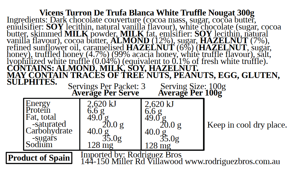 Vicens Turron White Truffle Nougat 300g (Best Before 01-03-2026)