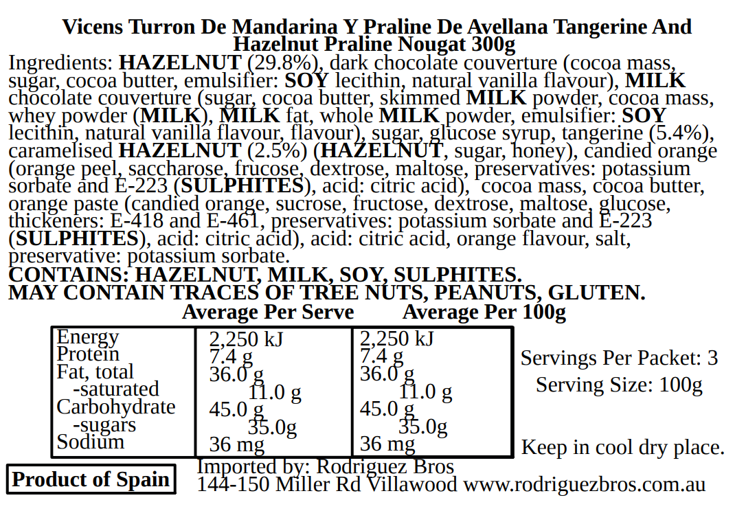 Vicens Turron Tangerine Nougat With Hazelnut Praline 300g (Best Before 01-09-2026)