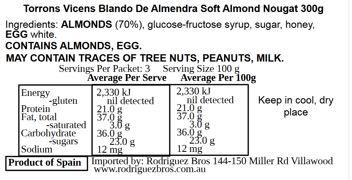 Vicens Blando De Almendra Turron Spanish Soft Almond Nougat Excellence 300g (Best Before 01-11-2026)