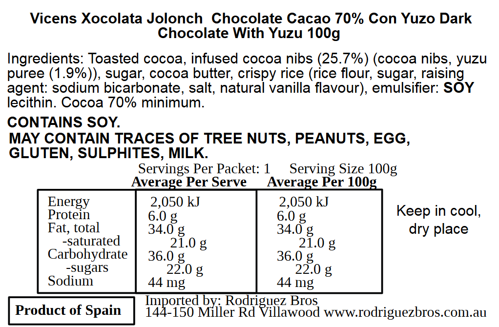 Vicens Xocolata Jolonch Chocolate Yuzu Dark Chocolate 70% With Yuzu 100g