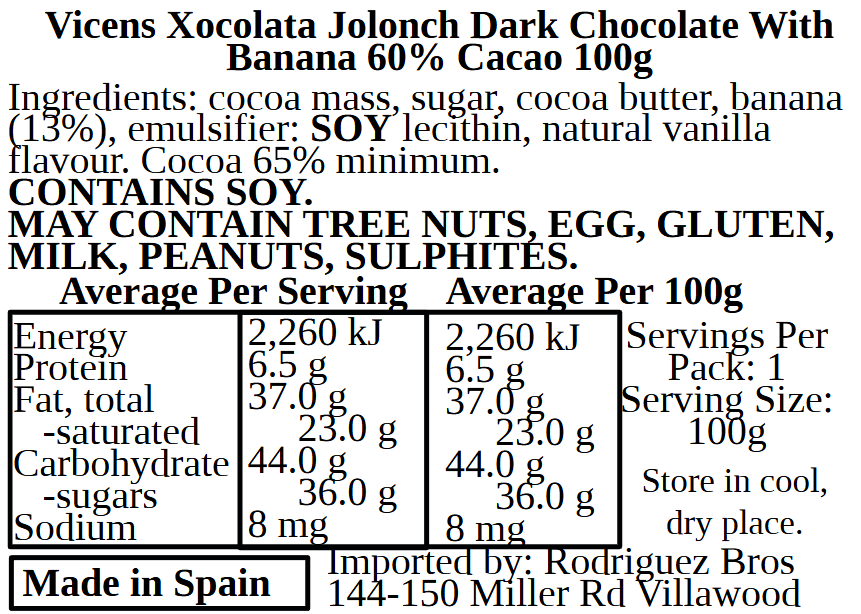 Vicens Xocolata Jolonch Chocolate Platano Dark Chocolate 60% With Banana 100g