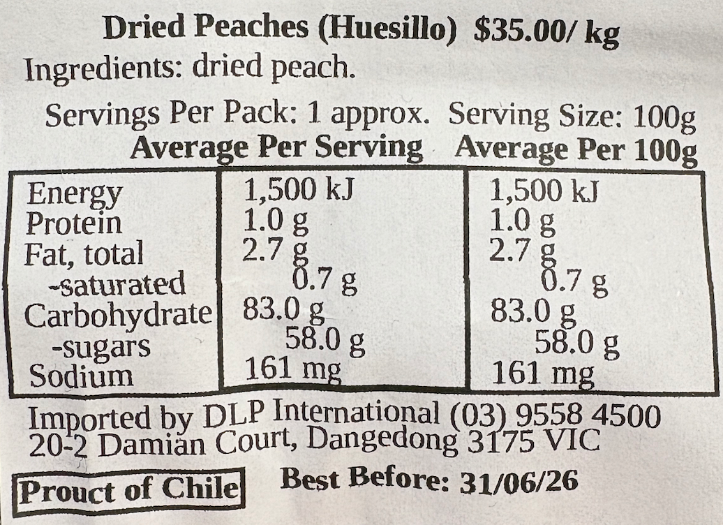 Dried Peaches (Huesillo) $35.00/Kg (Best Before 30-06-2026)