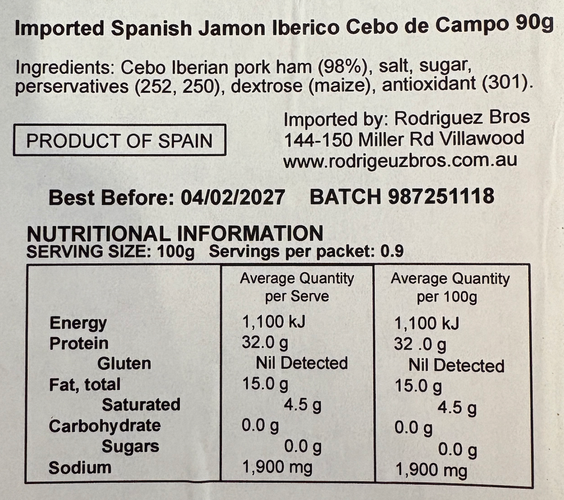 Espana e Hijos Jamon Iberico de Cebo 50% Raza Iberica Sliced 90g eqiv. $167.00 per kg