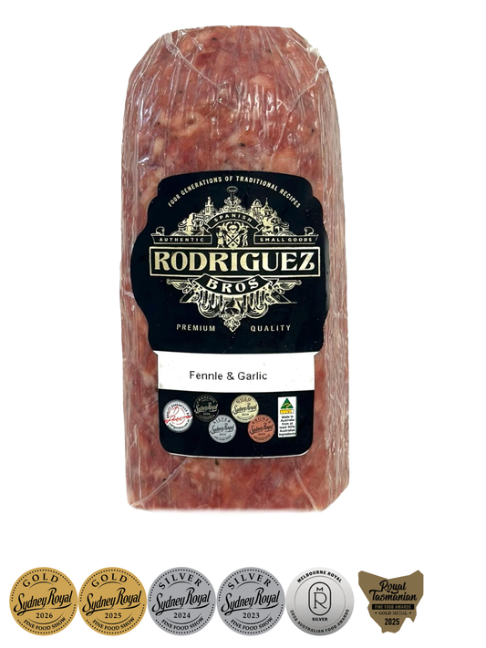 Fennel and Garlic Salchichon Half Salami Approx 400g random weight packet. Regular price $15.00 AUD [You are guaranteed to receive at least 400g of product, equivalent price of $33.33 per kg.]