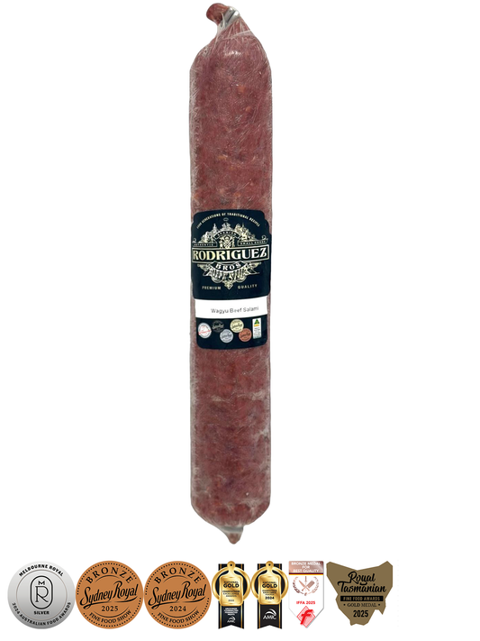 Beef Wagyu Salami. Weight approx 400g piece $20.00 AUD.(You are guaranteed to receive at least 385g of product, equivalent price of $53.33 per kg.)