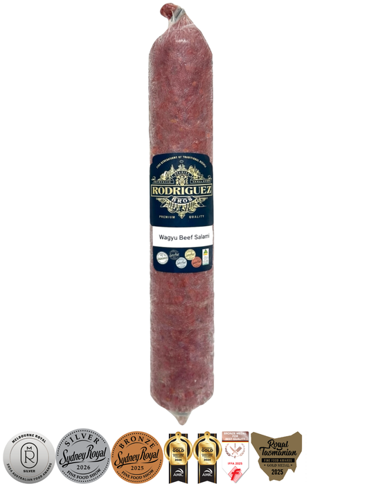 Beef Wagyu Salami. Weight approx 400g piece $20.00 AUD.(You are guaranteed to receive at least 385g of product, equivalent price of $53.33 per kg.)