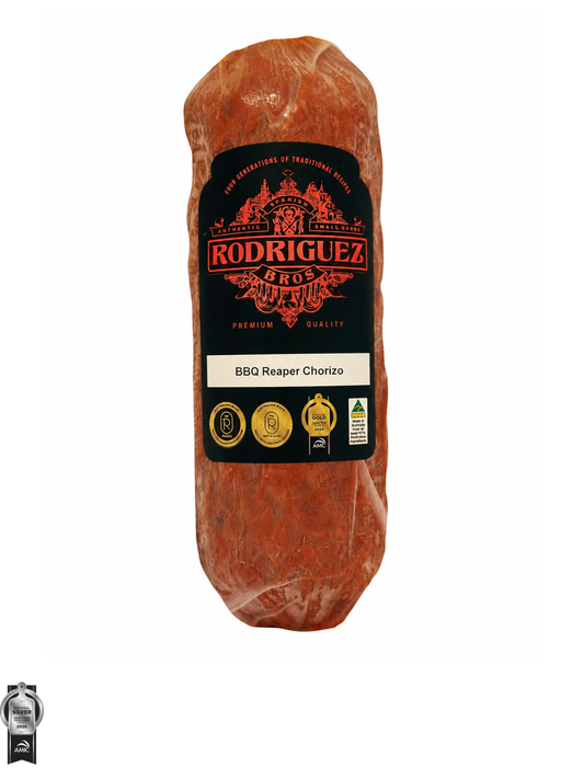 BBQ Carolina Reaper Chorizo 2 piece pack random weight approx 200g packet. Regular price $7.00 AUD [You are guaranteed to receive at least 200g of product, equivalent price of $35.00 per kg.]
