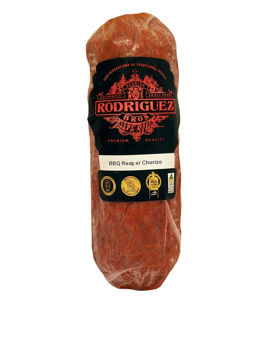 BBQ Carolina Reaper Chorizo 2 piece pack random weight approx 200g packet. Regular price $7.00 AUD [You are guaranteed to receive at least 200g of product, equivalent price of $35.00 per kg.]