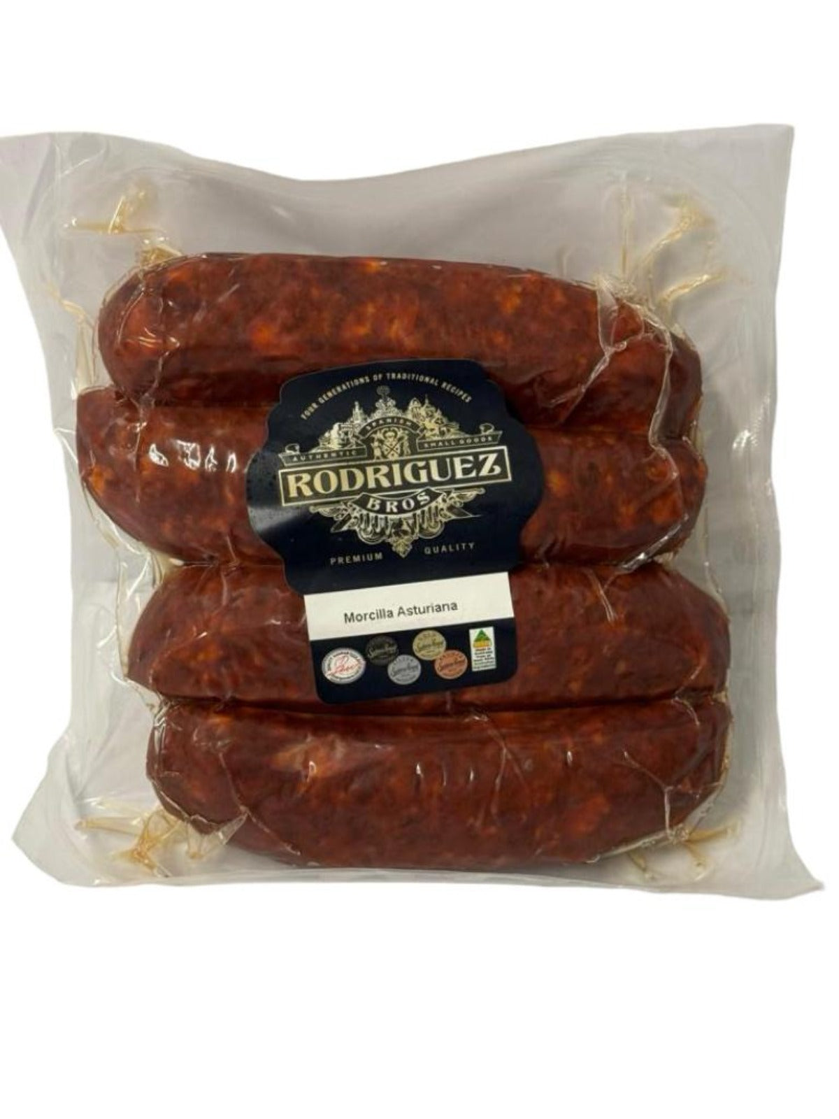 Spanish Morcilla Asturiana Black Pudding (Onion) 4 piece pack 4 piece pack random weight approx 385g packet. Regular price $10.00 AUD [You are guaranteed to receive at least 370g of product, equivalent price of $27.03 per kg.]