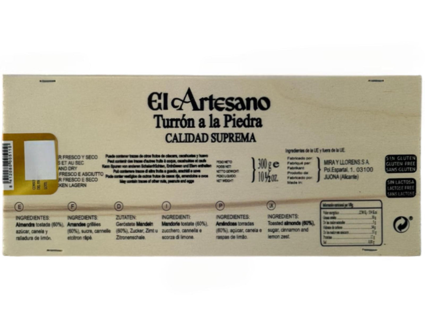 El Artesano Spanish Turron a la Piedra in Wooden Gift Box Cinnamon and Lemon Almond Nougat 300g