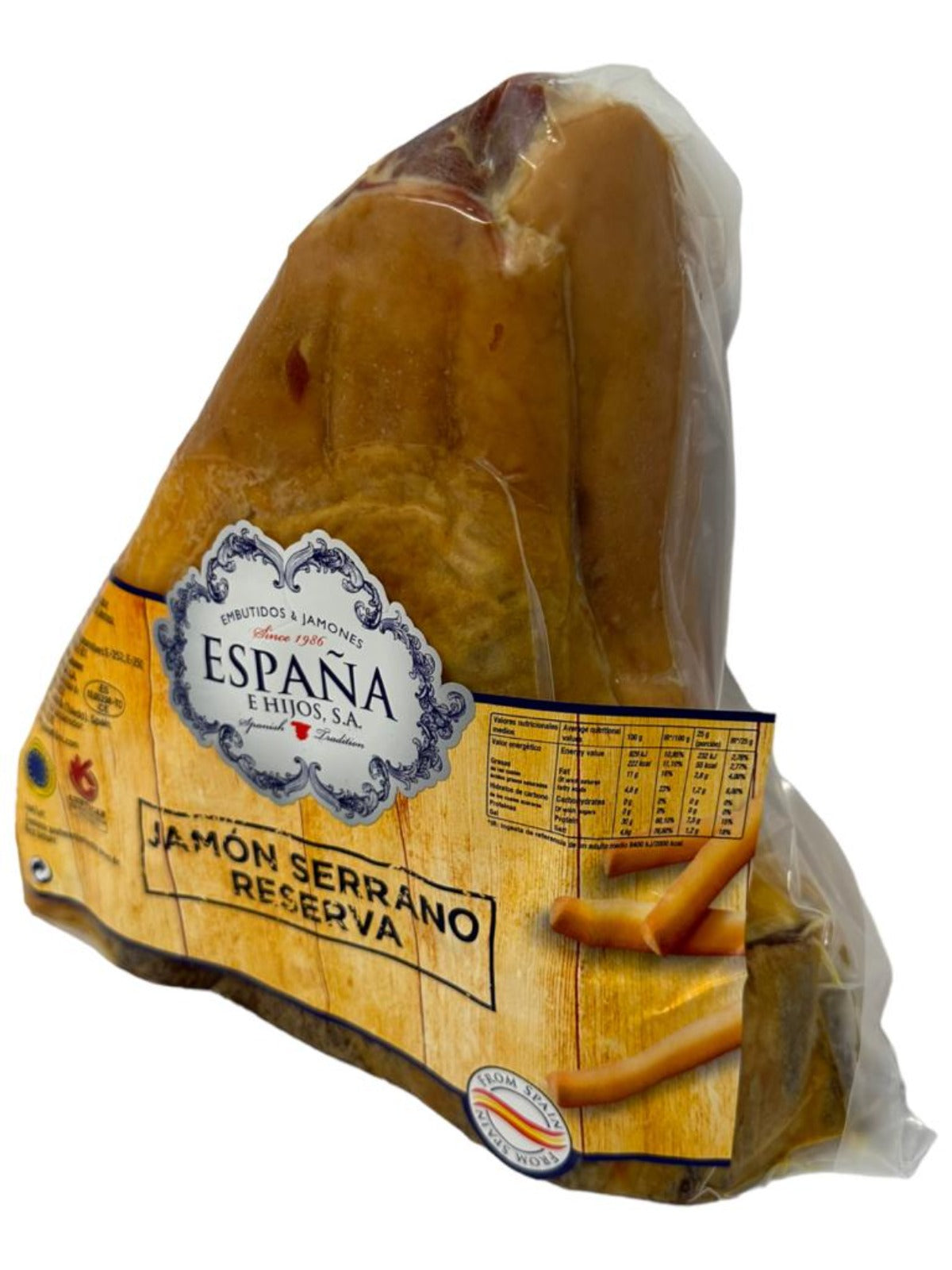 Espana y Hijos Jamon Serrano Half Leg random weight approx. 2kg packet. Regular price $75.00 [You are guaranteed to receive at least 1.950kg of product, equivalent price of $38.46 per kg.]