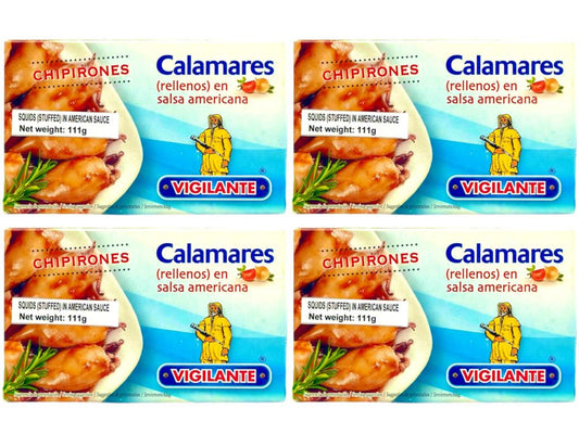 Vigilante Calamares (Rellenos) en Salsa Americana - Spanish Squids (Stuffed) in American Sauce 111g - 4 Pack Total 444g