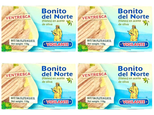 Vigilante Bonito del Norte Filetes en Aceite de Oliva  - Spanish White Tuna Fillets in Olive Oil 115g - 4 Pack Total 640g