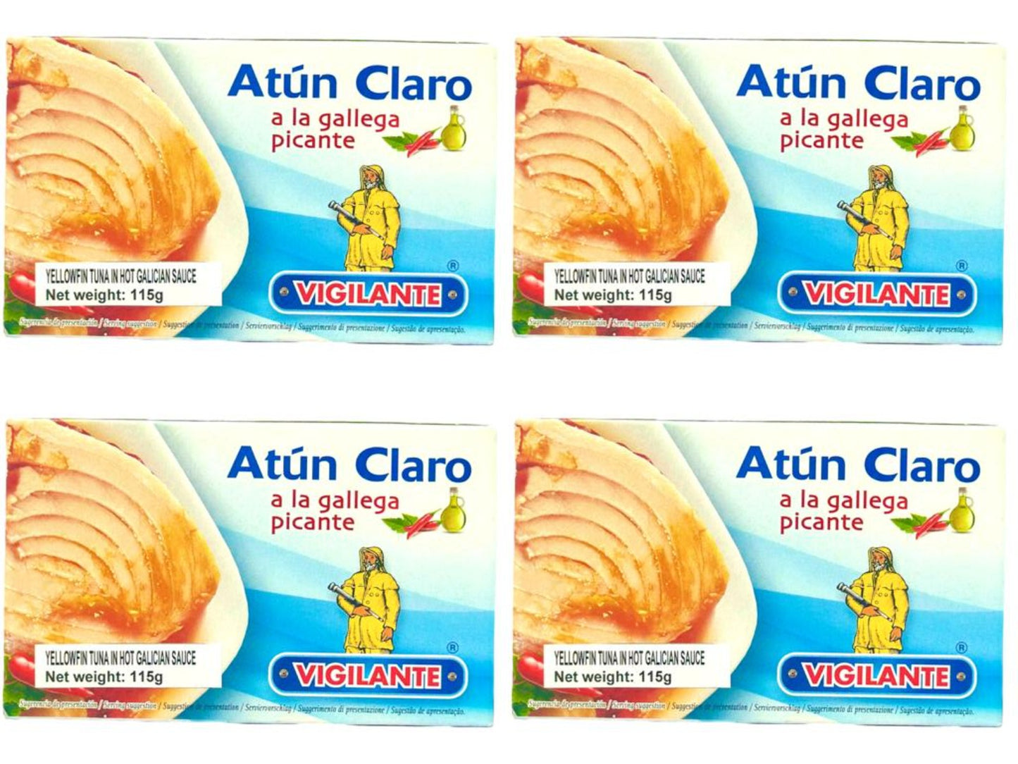 Vigilante Atun Claro a la Gallega Picante Spain - Spanish Yellowfin Tuna in Hot Galican Sauce 115g - 4 Pack Total 460g Best Before Jan 2025