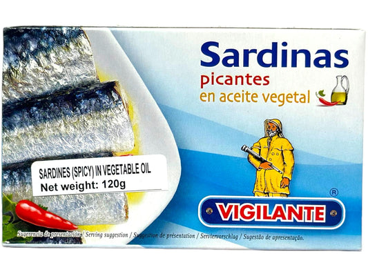 Vigilante Sardinas Picantes en Aceite Vegetal  Spain - Sardines Spicy in Olive Oil 120g (Best Before 01-01-2029)