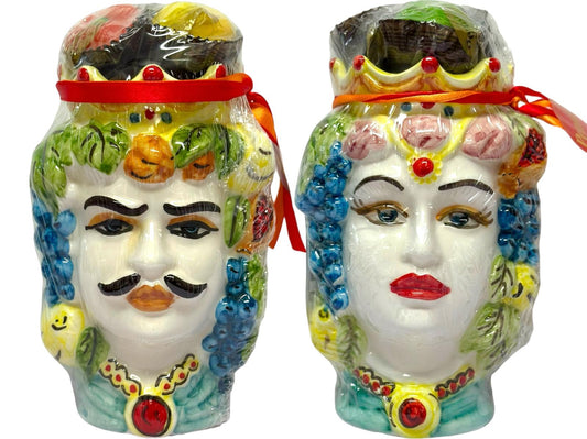 Pennisi Frutta di Marzapane Marzipan Fruit in Terracotta Testa Di Moro Male and Female 60g each - 120g Total - h 16cm, w 9cm (Best Before 28-02-2025)