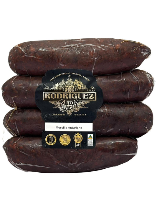 Spanish Morcilla Asturiana Black Pudding (Onion) 4 piece pack 4 piece pack random weight approx 385g packet. Regular price $10.00 AUD [You are guaranteed to receive at least 370g of product, equivalent price of $27.03 per kg.]