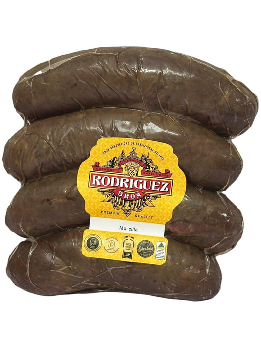 Spanish Morcilla Black Pudding (Onion) 4 piece pack random weight approx 400g packet. Regular price $10.00 AUD [You are guaranteed to receive at least 390g of product, equivalent price of $25.64 per kg.]