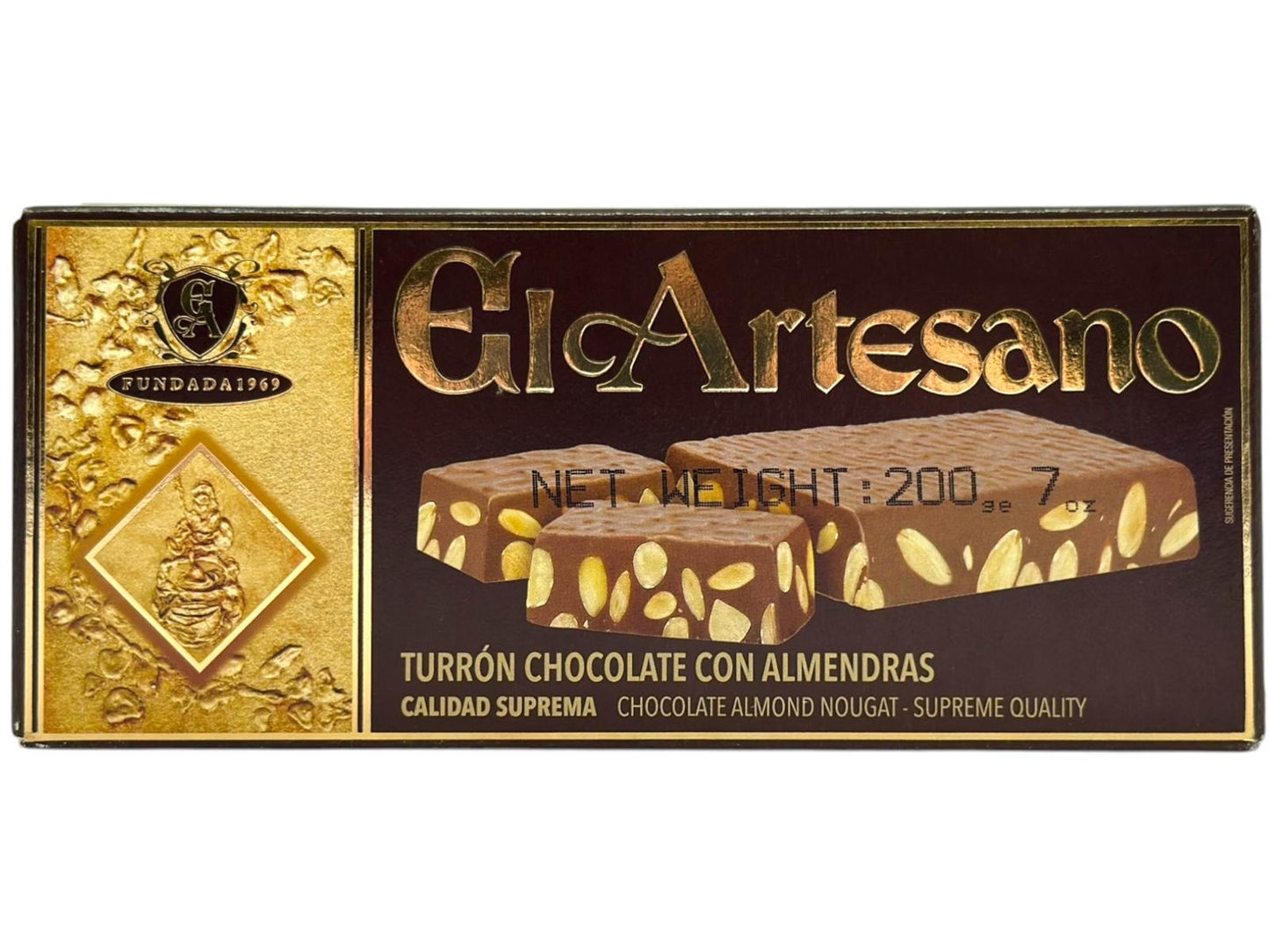 El Artesano Turron Chocolate Con Almendras Spanish Chocolate Nougat with Almonds 200g (Best Before 30-12-2026)