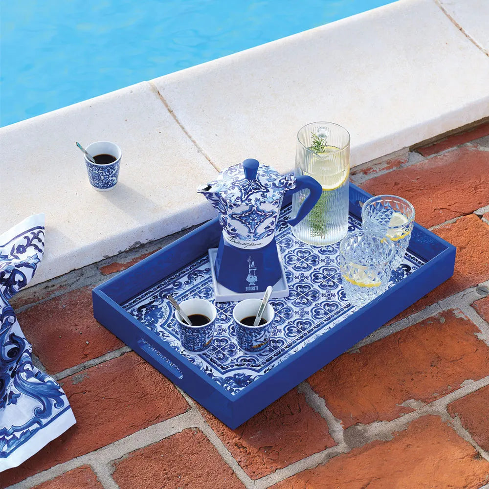 Bialetti Dolce & Gabbana 3-cup Moka Express Blu Mediterraneo, 3 porcelain cups and 3 silver stirrers