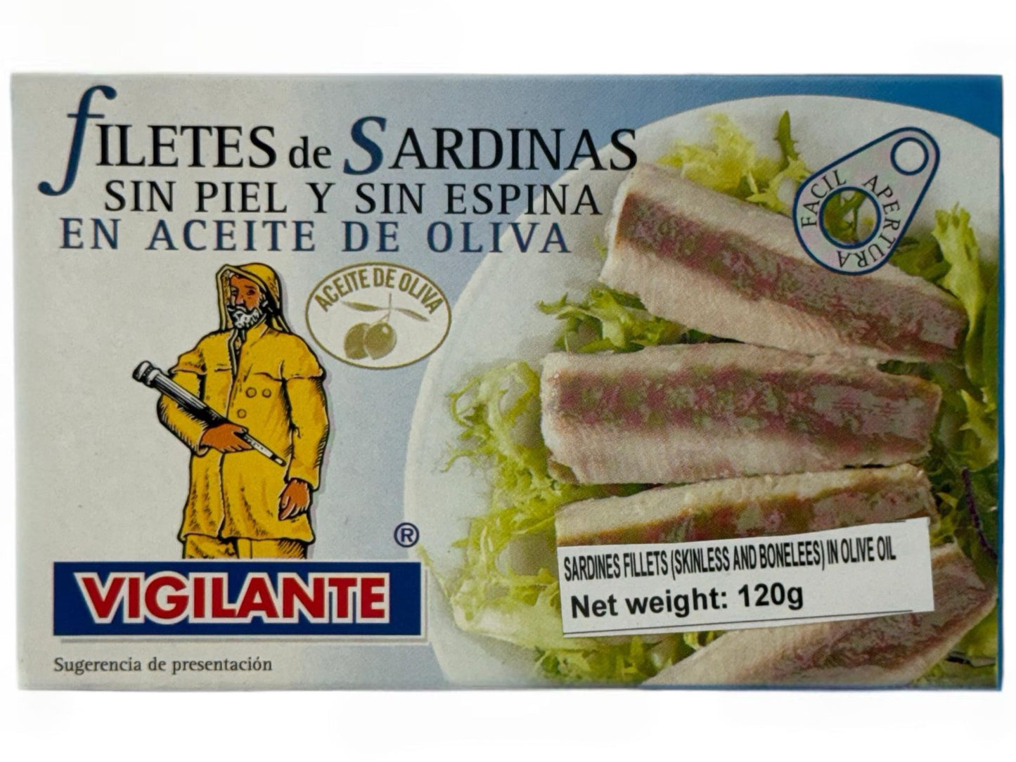 Vigilante Filetes de Sardinas sin Piel y sin Espina en Aceite de Oliva - Sardine Fillets (Skinless and Boneless) in Olive Oil 120g