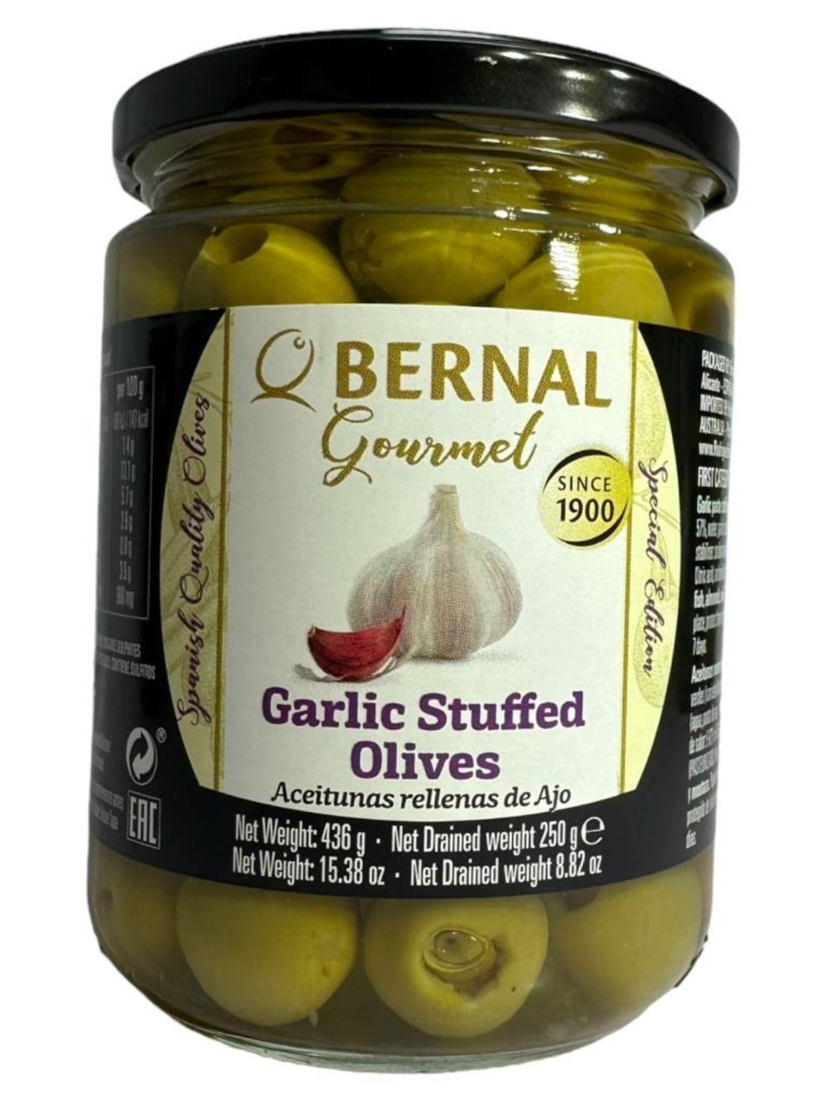 Bernal Gourmet Garlic Stuffed Olives 436g Gross 225g Drained Best Before End of May 2027