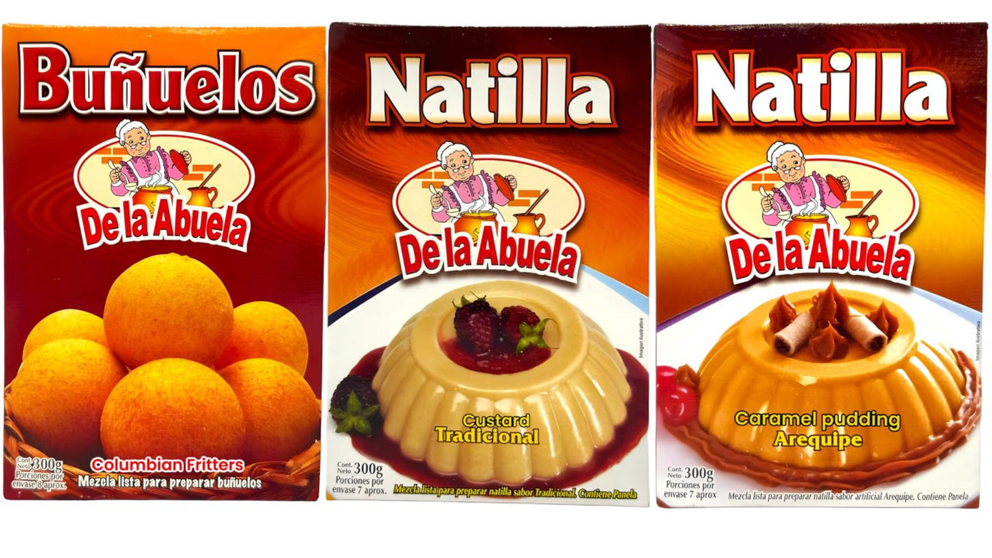 De la Abuela Colombian Baking Mix Pack- Custard, Custard Pudding, Fritters 300g ea 3 Pack 900g Total