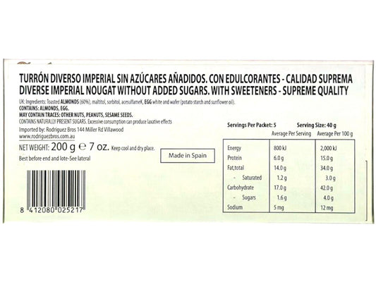 El Artesano Turron Duro Diverso Imperial Spanish Hard Nougat with artificial sweetener 200g (Best Before 30-01-2027)