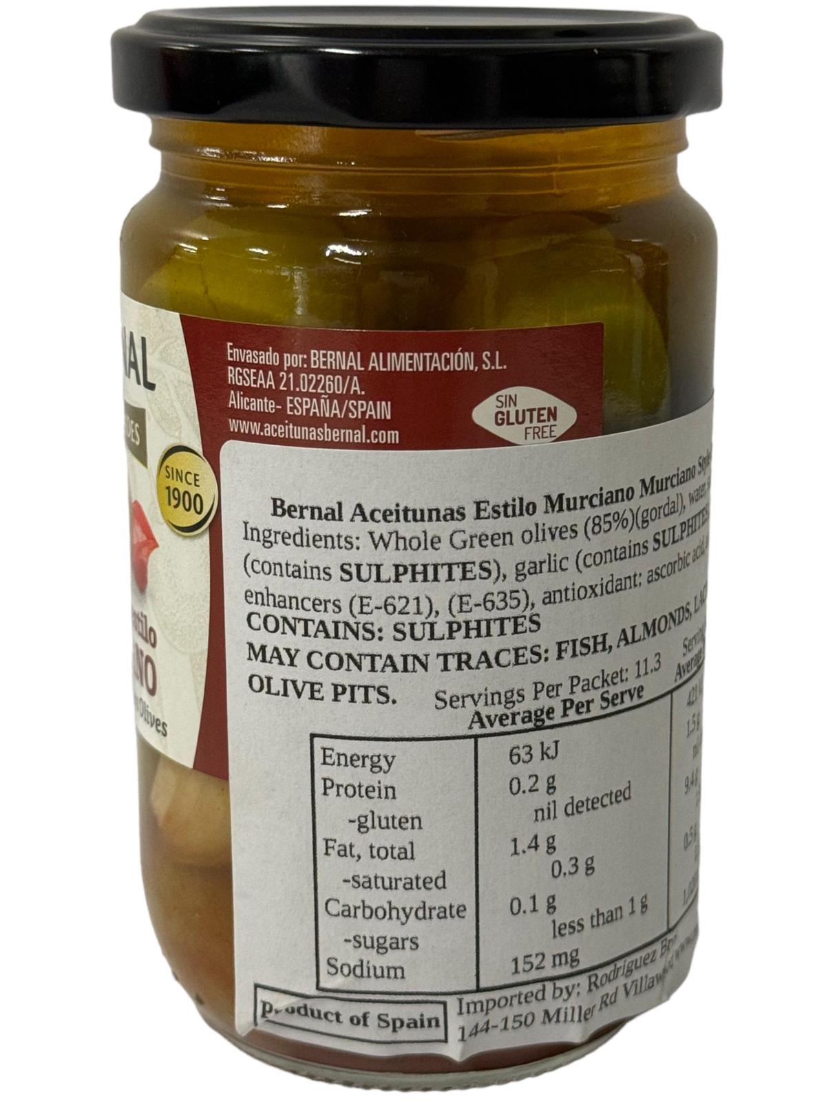 Bernal Especialidades Aceitunas Estilo Murciano Murcia Style Green Olives 300g